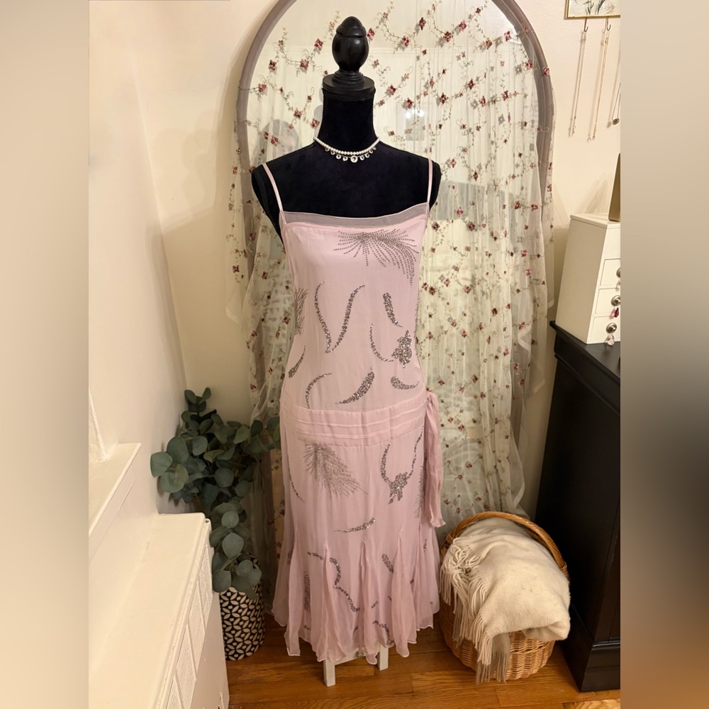 Vintage Y2k Papell Boutique Evening Lilac Silk 1920s Flapper Cocktail Dress